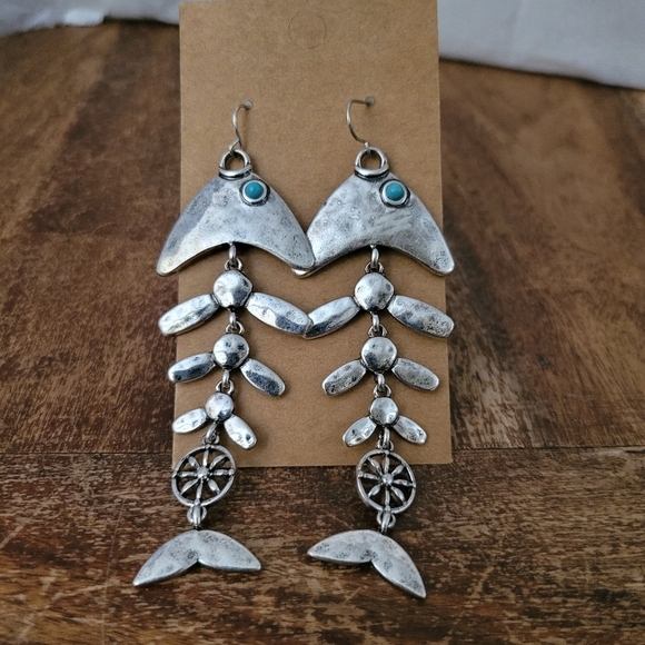 Vintage Inspired Boho Fish Bone Dangle Earrings With Turquoise Accents - Picture 8 of 13